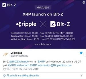 Hong Kong Crypto Exchange Bit-Z Lists Ripple