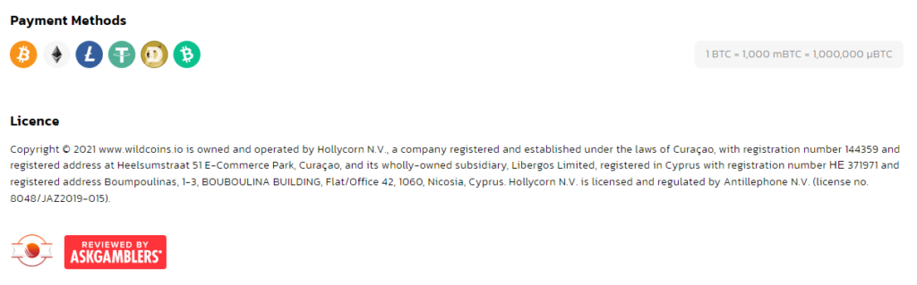 Wildcoins Casino Payment Methods