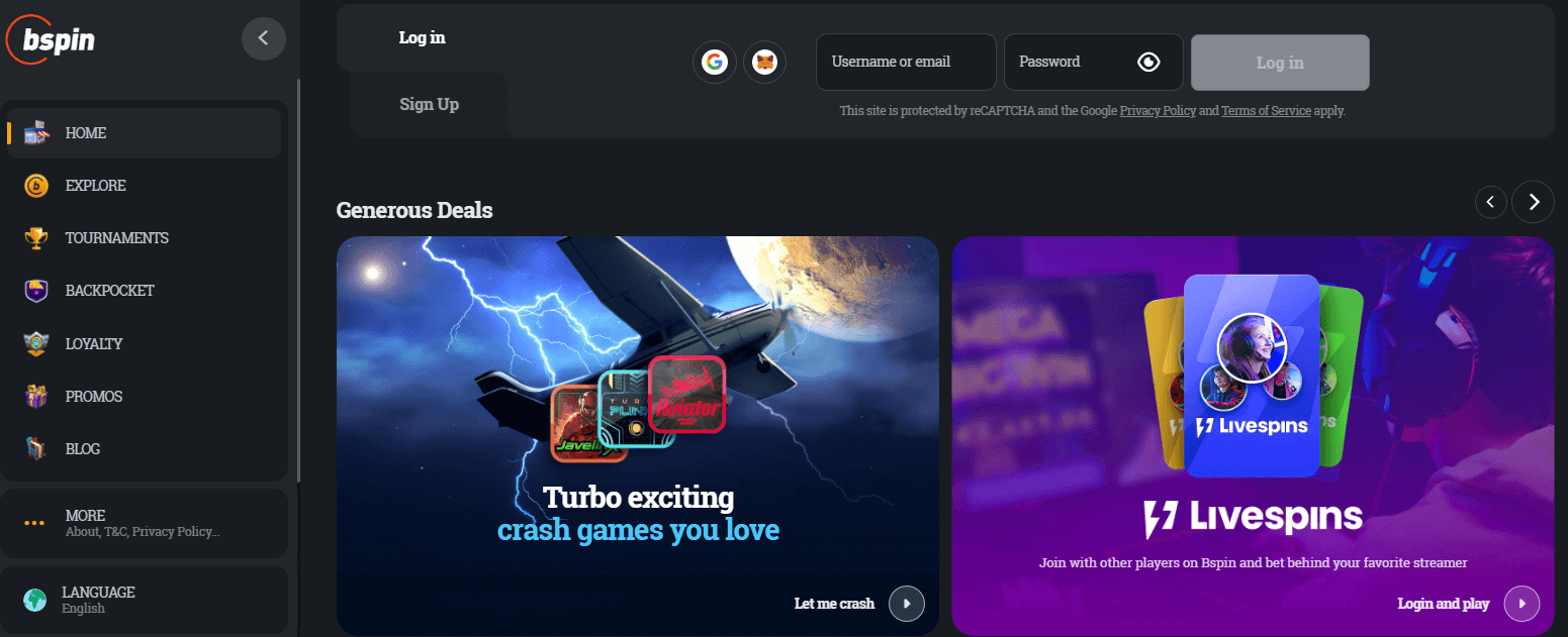 Bspin Casino User Interface