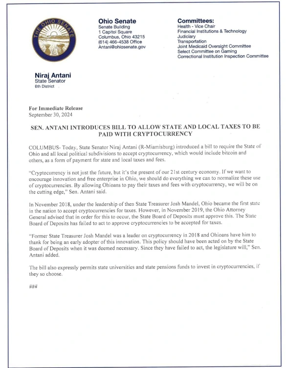 Ohio Senator Introduces Bill To Allow Bitcoin Tax Payments Snippet of Ohio State Senator Antani proposing use of Bitcoin for Tax Payments