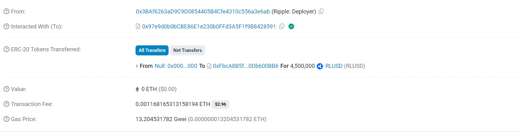 Ripple Speculation: Analysts Claim XRP's RLUSD to Launch Tomorrow Transaction Details of the 4.5 RLUSD transfer (Source: Etherscan)