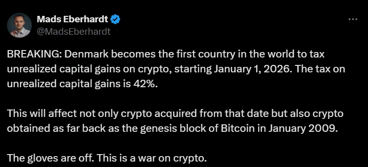 Denmark Proposes 42% Tax on Unrealized Gains from Crypto Mads Eberhardt's comments on the Tax Proposal