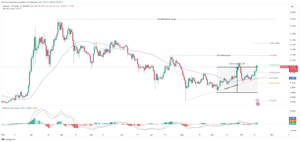 Dogecoin Gains 6% Today: Can DOGE Reach $0.14 by the Weekend? DOGE/USD 1-Day Chart (Source: TradingView)