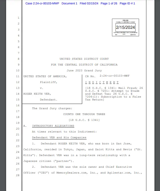 Roger Ver (‘Bitcoin Jesus') Files Motion to Dismiss Indictment