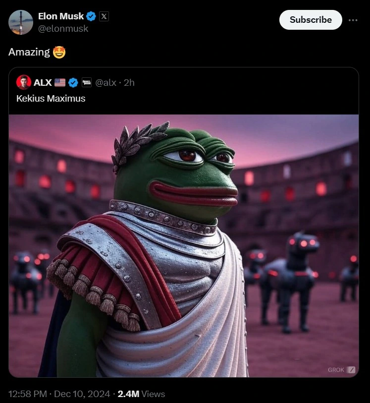 Elon Musk Reposts the PEPE Meme Generated by Grok Elon Musk Reposts the PEPE Meme Generated by Grok