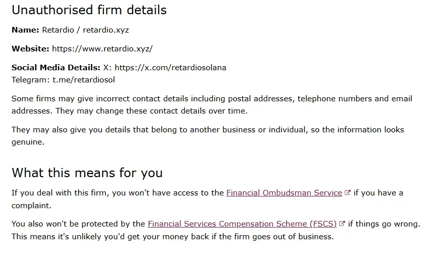 UK FCA Warns Against Solana-Based Memecoin Project Retardio