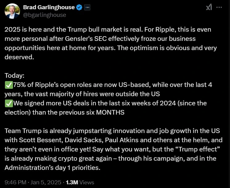 Ripple's CEO Brad Garlinghouse talks about the Trump Effect on his X post.