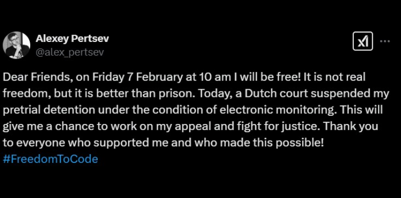 Alexey Pertsev being released under electronic monitoring