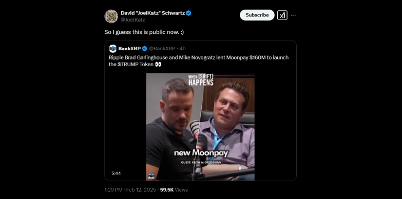 David Schwatz, Ripple's CTO, shares on X the story of how MoonPay received $160M from Ripple and Galaxy Digital David Schwatz, Ripple's CTO, shares on X the story of how MoonPay received $160M from Ripple and Galaxy Digital
