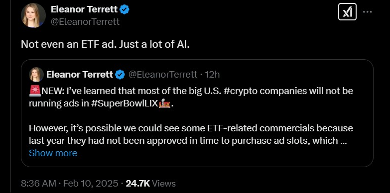 Eleanor Teret said that there will be no encryption ads in the Super Bowl games this year but more than artificial intelligence ads