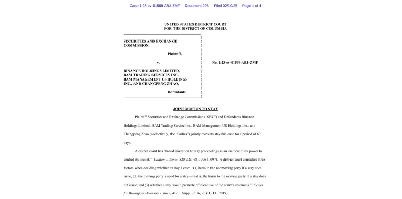 SEC, Binance File Joint Motion to Stay Legal Actions