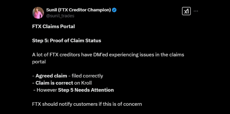 FTX Creditor Sunil Kavuri reports issues in the claims portal