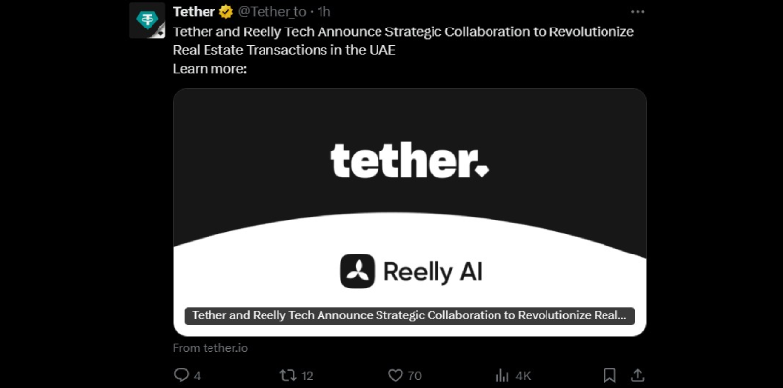 Tether announces partnership with Reelly Tech