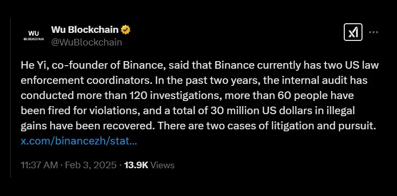 Wu Blockchain reports Binance conducting internal audits