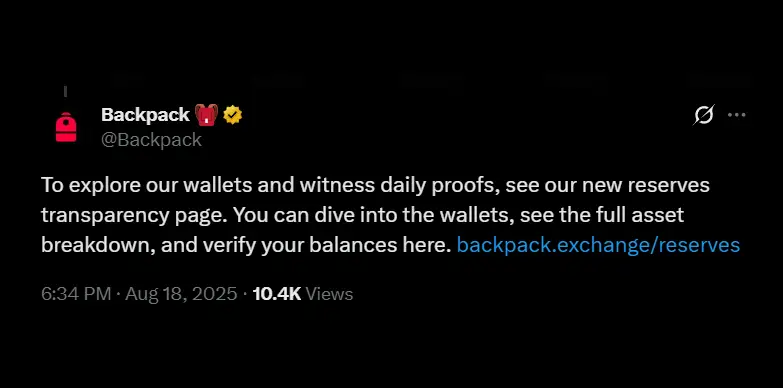 Backpack exchange announces that it will be publishing Proof of Reserve daily