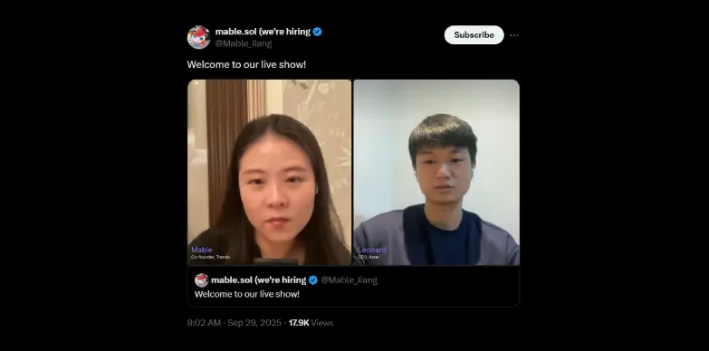 Aster CEO Leonard in an interview with Mable Jiang on X