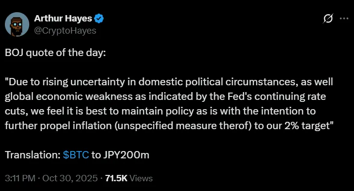 Arthur Hayes predicts Bitcoin's price