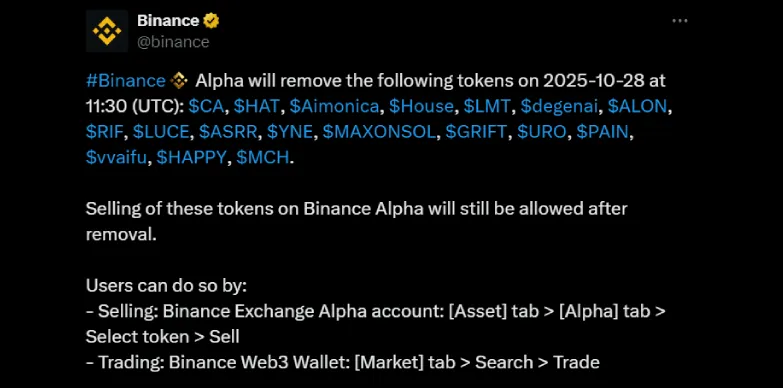 Binance will delist 18 tokens today