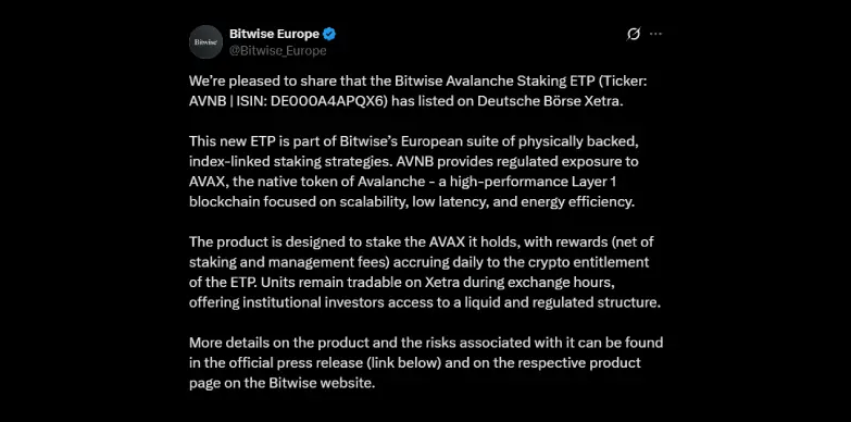 Bitwise announces launch of Avalanche Staking ETP on Deutsche Börse Xetra exchange Bitwise announces launch of Avalanche Staking ETP on Deutsche Börse Xetra exchange