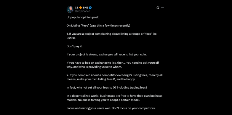 CZ expresses his opinion on listing fees CZ expresses his opinion on listing fees