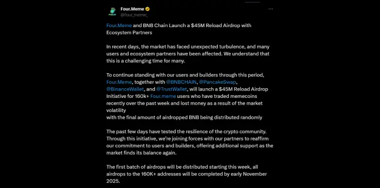 Four.Meme and BNB Chain announce the $45M Reload Airdrop with Ecosystem Partners