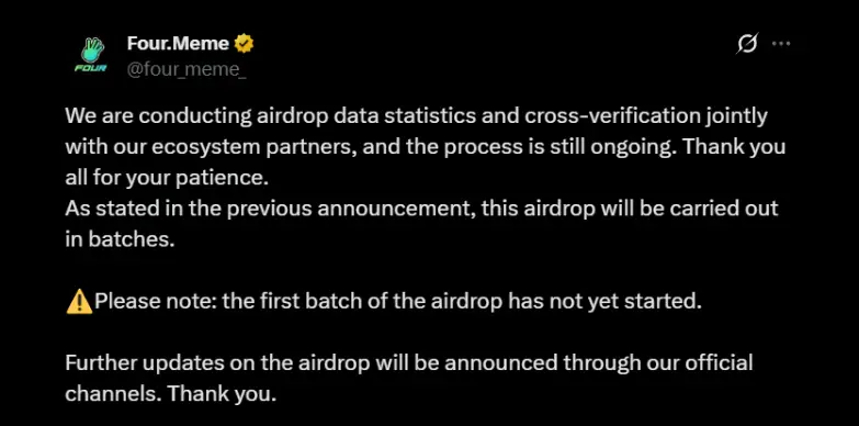 Four.Meme announces delay through a post on social media platform X