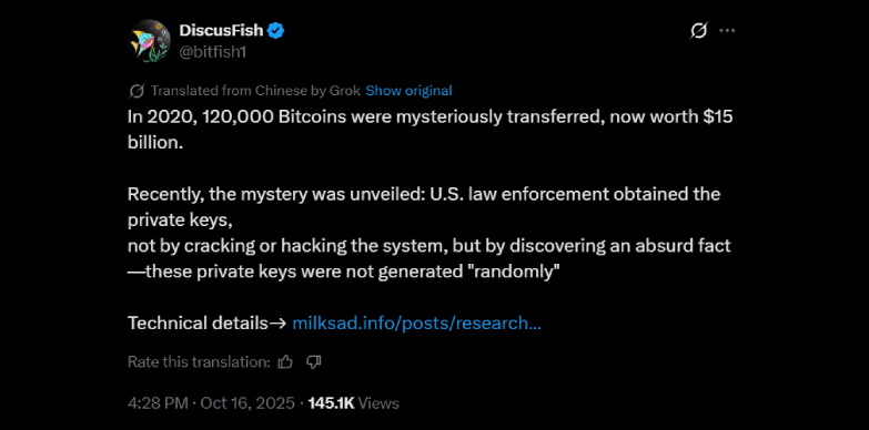 Shenyu highlights how these mysteriously transferred Bitcoins have been seized by the U.S. government through a flaw in they private key
