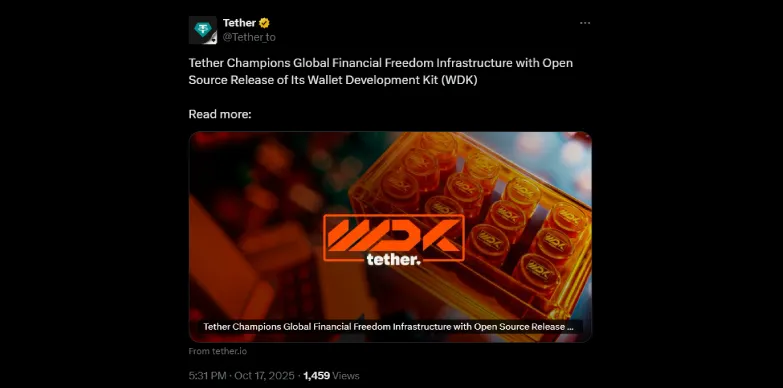 Tether announces launch of its Wallet Development Kit (WDK) on social media platform X 