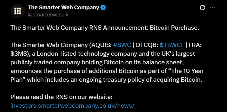 The Smarter Web Company announces purchasing 25 BTC for £2.3M and raising their total holdings to 2,550