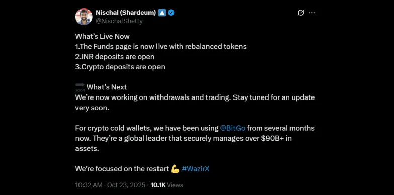 WazirX CEO Nischal Shetty talks about the features that are live on the platform now and confirms that the exchange is working on withdrawals and trading.