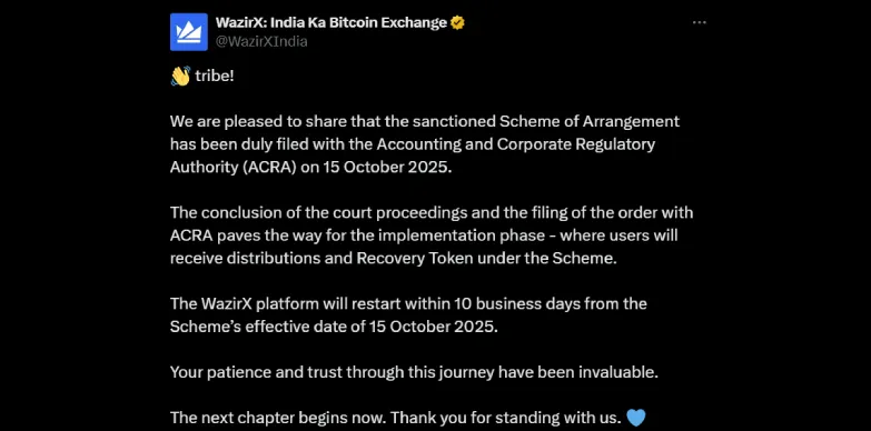 WazirX announces filing Scheme of Arrangement with ARCA on October 15, 2025