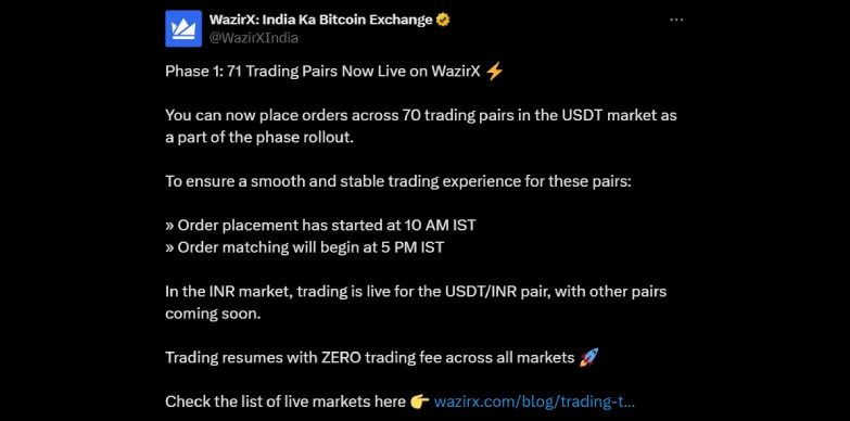 WazirX resumes trading in phases
