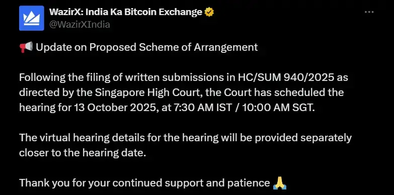 WazirX's updates its user regarding the set Court hearing date WazirX's updates its user regarding the set Court hearing date