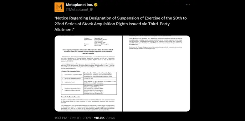 Metaplanet announces suspension of exercise of the 20th - 22nd Series of Stock Acquisition Rights