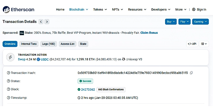 Etherscan highlights ETH being swapped for USDC Etherscan highlights ETH being swapped for USDC