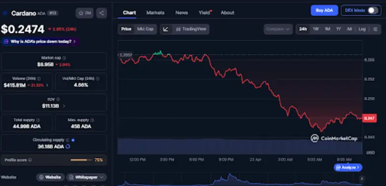 ADA Price Slips 2.95% as Cardano Expands Payments With Visa Card
