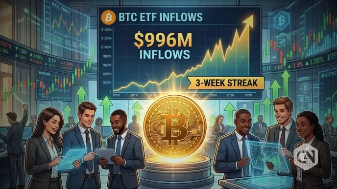 Bitcoin ETFs Attract $996M as Inflow Streak Hits Three Weeks