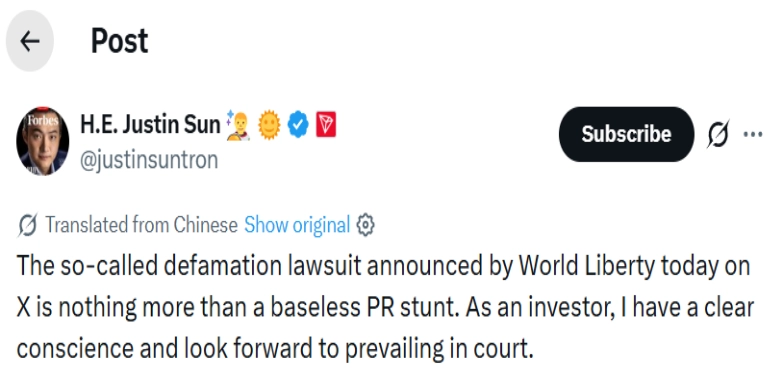 WLFI Sues Justin Sun Over “Smear Campaign” Against Project
